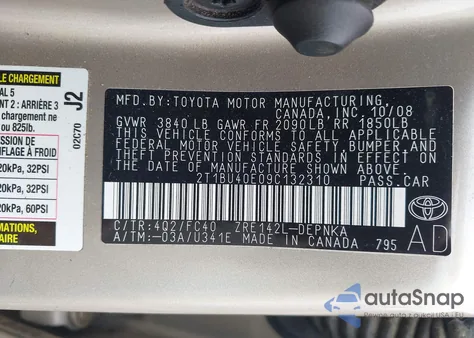 2009 Toyota Corolla Xle из США, поврежденный, VIN 2T1BU40E09C132310